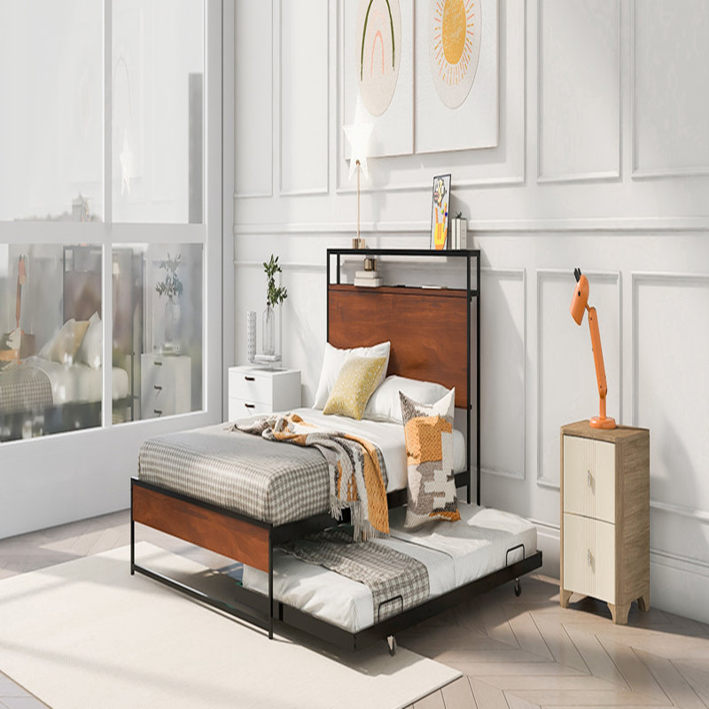 Structure de lit plateforme en métal avec lit gigogne, ports USB et support à lattes, aucun sommier nécessaire, parfait pour les chambres modernes