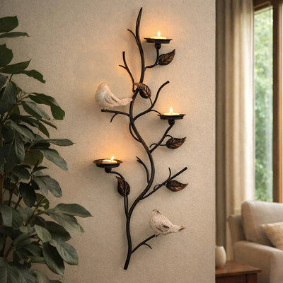 Porte-bougie mural floral, branches de 41 pouces avec oiseaux, 3 assiettes