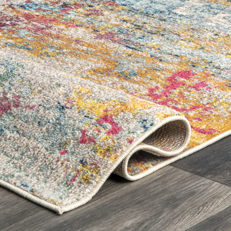 Hiroko Abstract Power Loom Performance Ivory/Blue/Pink/Yellow Rug, Runner 2' x 8'