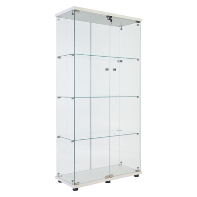 Led Strip Lighted 4-Shelf Glass Showcase, 12 Color Selections, Remote, 66.48H X 31.49L 14.22W, Battery Powered, Tempered Glass, Solid Wood Cans Cabinet, Options, Corners