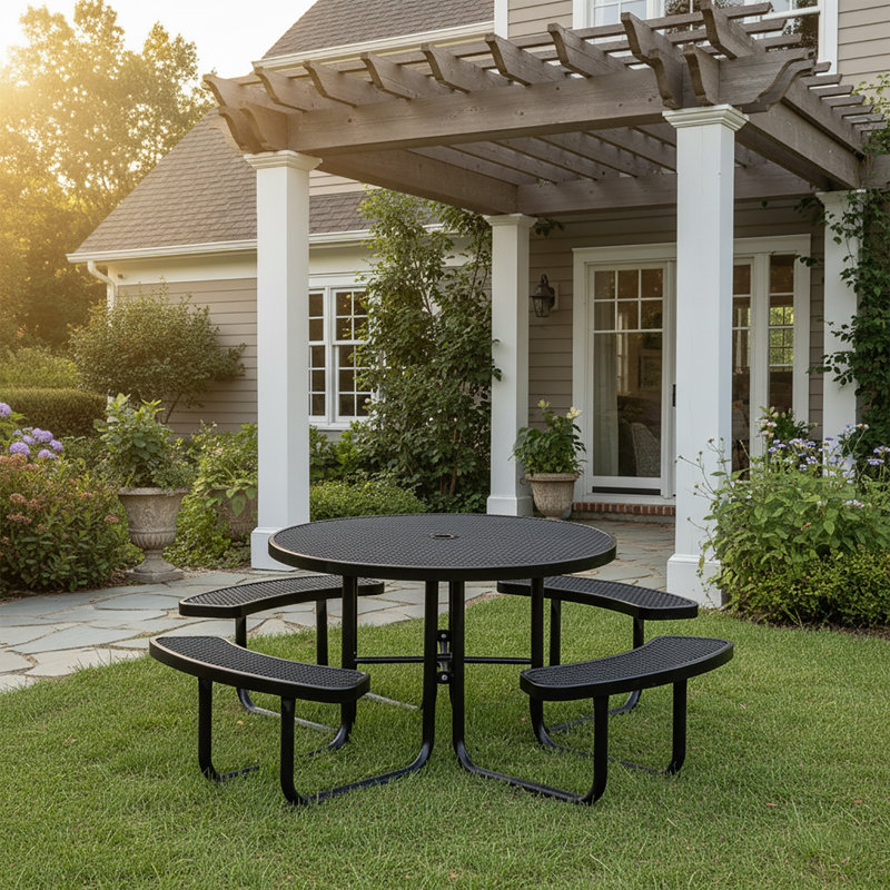 Outdoor Furniture 8-Person Coated Heavy-Duty Picnic Table with Umbrella Hole, Commercial-Grade Patio Dining Table, Round 79''