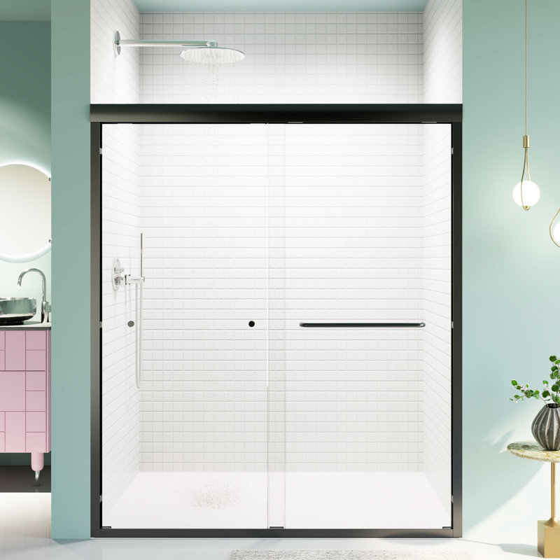 Shower Door 56"-60"W - Double Sliding, 70" H, Matte Black, Comfortable Handle Experience Tempered Glass, Stable And Structure