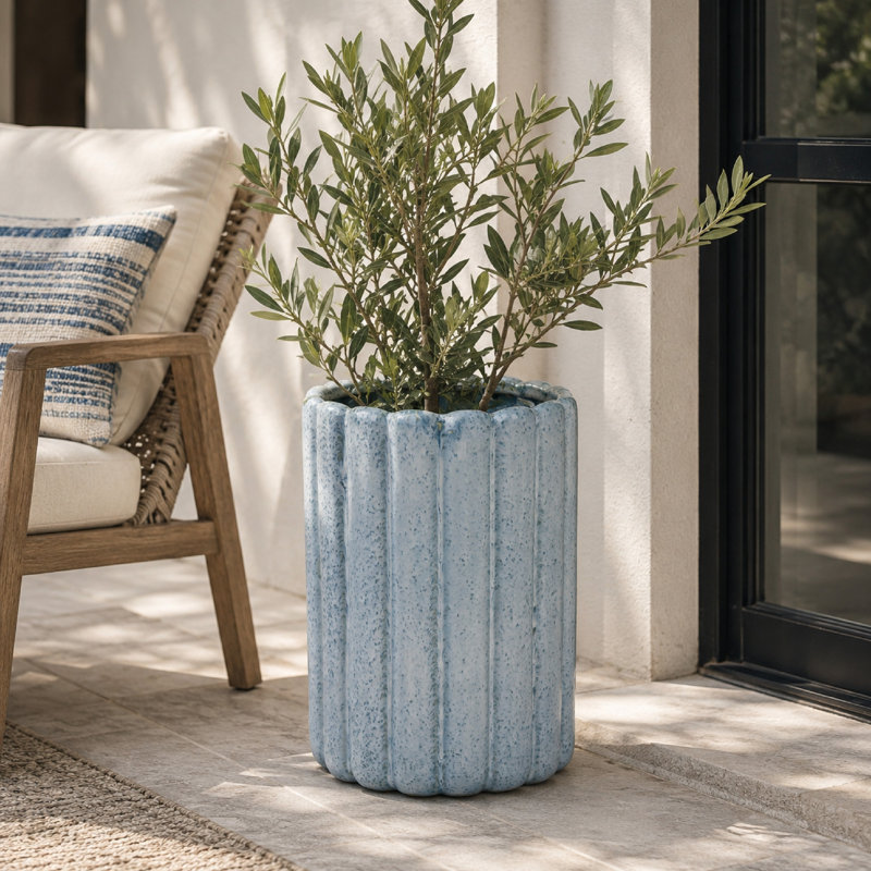 Pot à fleurs festonné, forme cylindrique, céramique bleue moucheté 11 pouces