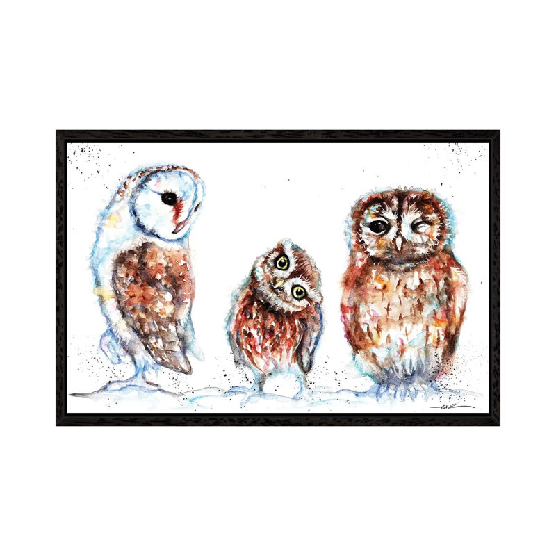 Trio Of Owls - Painting on Canvas, Black Framed, 66.04cm H x 101.6cm W x 3.81cm D