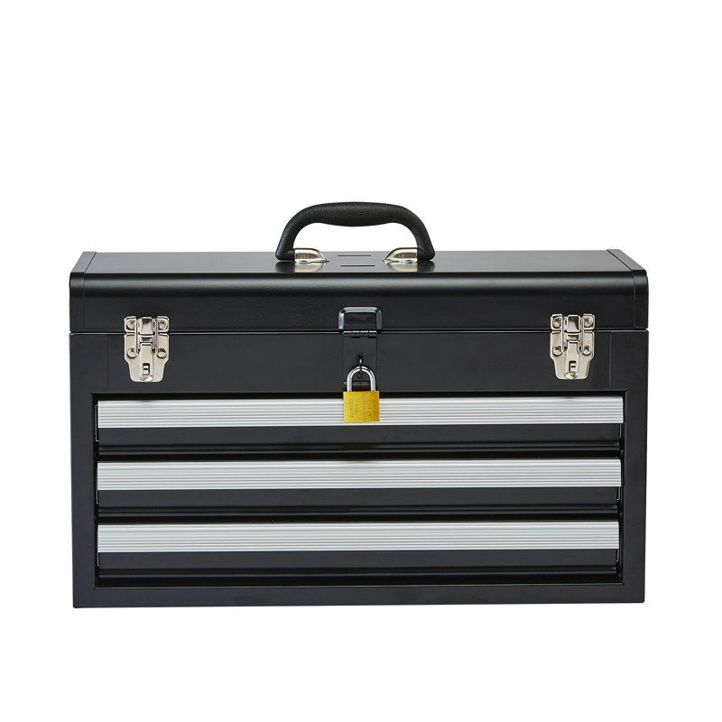Boîte à outils en métal 20,5 pouces noire, 3 tiroirs, organisateur, verrouillage automatique, protection contre les éclaboussures, poignée supérieure pour le transport en noir, portable, mouvement du tiroir en douceur, transport facile