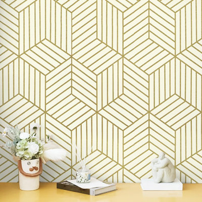 Peel And Stick Wallpaper  Striped Hexagon Contact Paper Removable Self Adhesive Wall Paper Geometric Vinyl Roll For Bedroom Bathroom Wall Decor Renter Friendly 15.7"X472" Upgrade