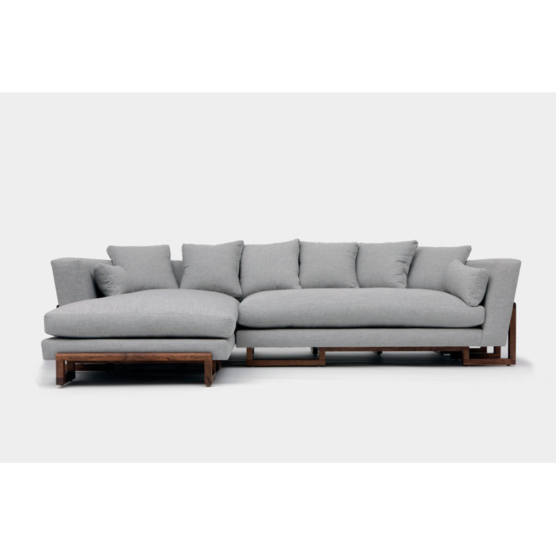 LRG Upholstered L-Shaped Sectional Left Hand Facing, Back Side Tray, Solid Walnut, Celadon Velvet