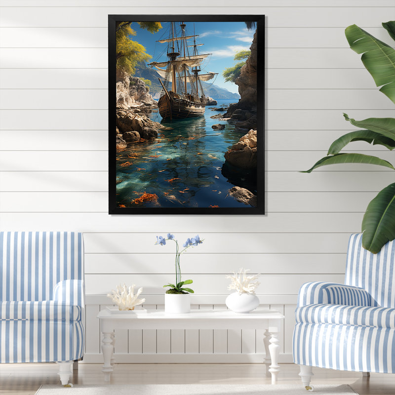 Bateau pirate tropical caché sur toile, Cadre photo noir, H 44 po x l 34 po x P 1,5 po