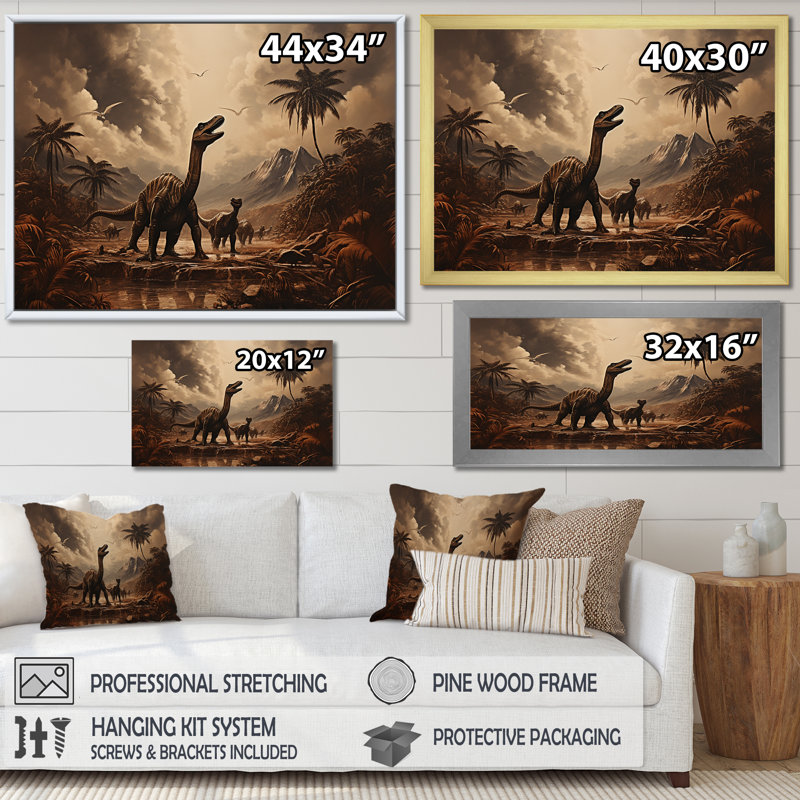 «Dinosaure rétro paysage II» - art mural dinosaure, Cadre flottant blanc, H 24 po x l 32 po x P 1 po