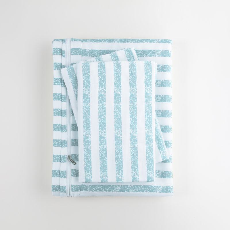 Light Blue Striped Microfiber Queen Duvet Cover Set