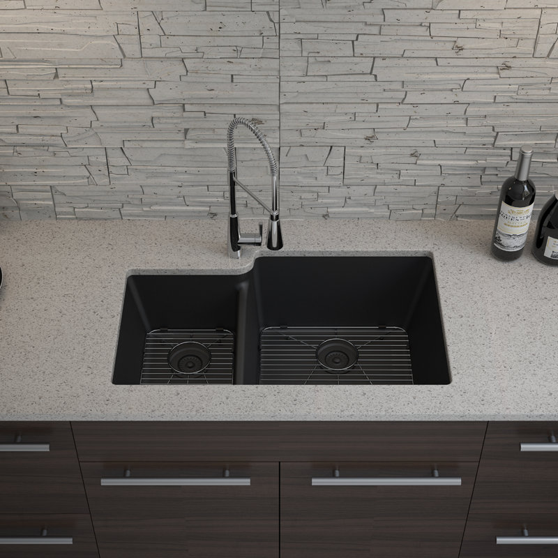 32" x 19" Quartz Kitchen Sink, 40/60 Double Bowl Sink, Drop-in Sink, Undermount Sink, Granite Kitchen Sink, with 2 Steel Grids and Basket Strainer, Disposal Flange