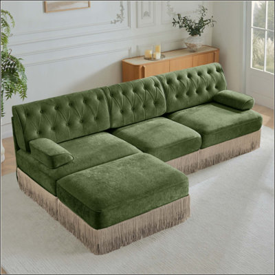 3-Seater High Quality Velvet Fabric,Cloud Modular Sectional,Tassel Skirt,Button Tufted Design,High-density High Resilience Foam,Easy to Assemble,Premi