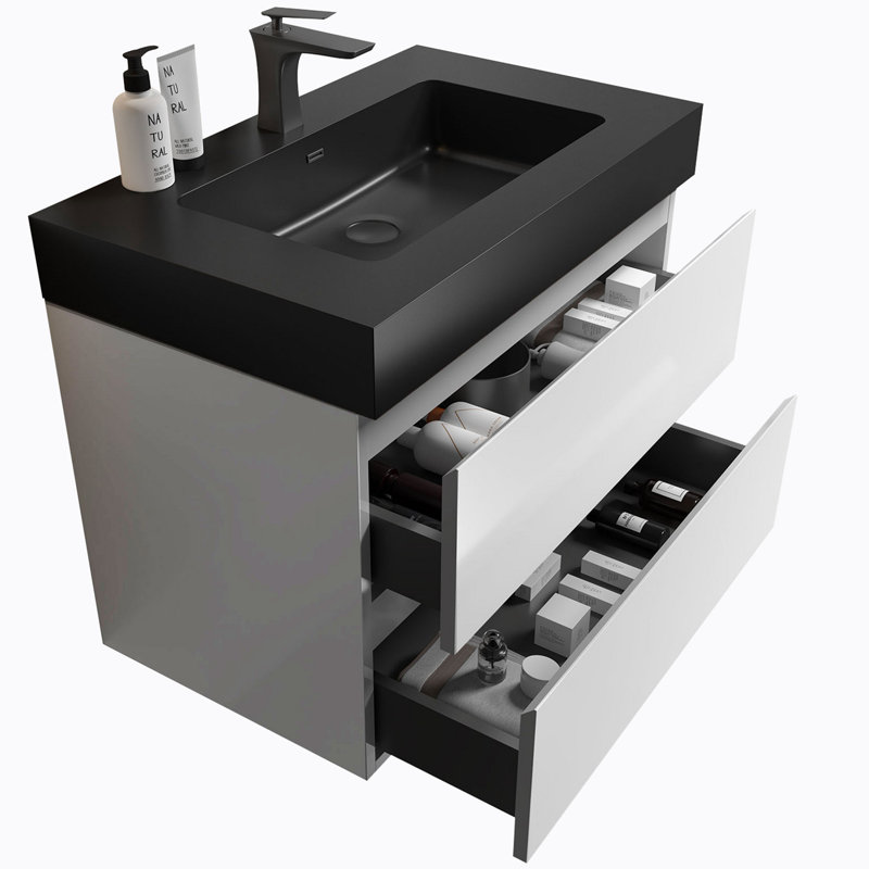 Meuble-lavabo mural simple avec plateau Motiejus, Blanc, Noir