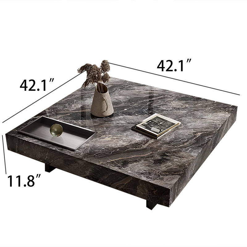 42" Square Faux Marble 2 Legs Modern Coffee Table, Black