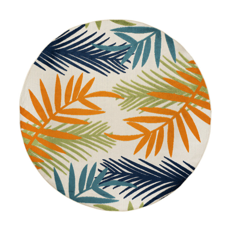 Parksley Palm Frond Indoor/Outdoor Area Rug Ivory/Orange/Navy, Round 7'10"