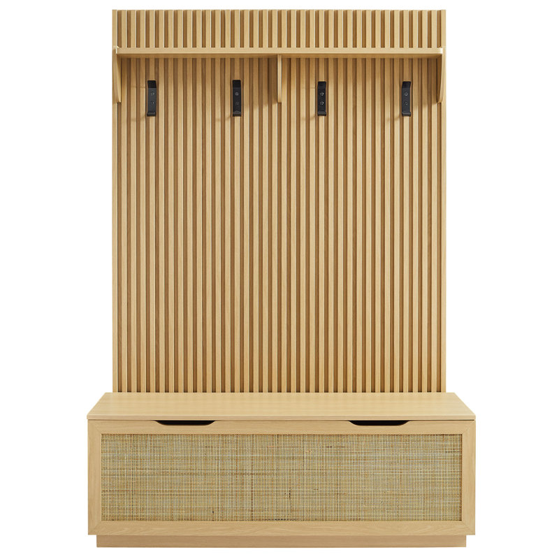 Arbre d'entrée 3-en-1 cannelé avec banc de rangement et portemanteau en chêne clair Soma, Chêne