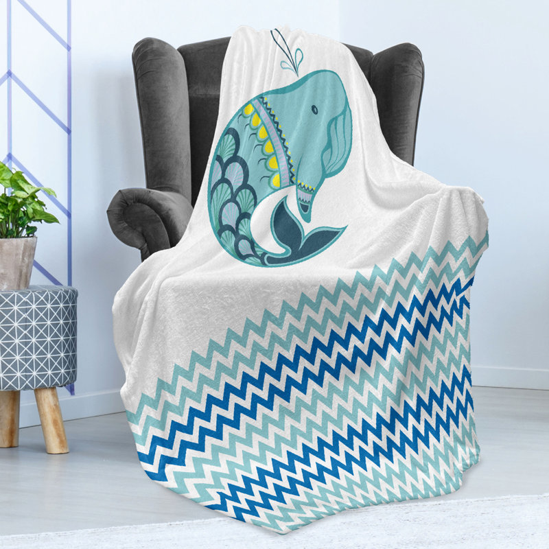 Ambesonne Sea Fleece Throw Blanket Whale with Zig Zag Pattern, 70" W x 90" L