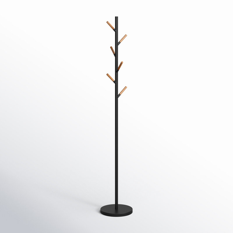 Sleek Yamazaki Black Freestanding Coat Rack with Wood-Tipped Hooks