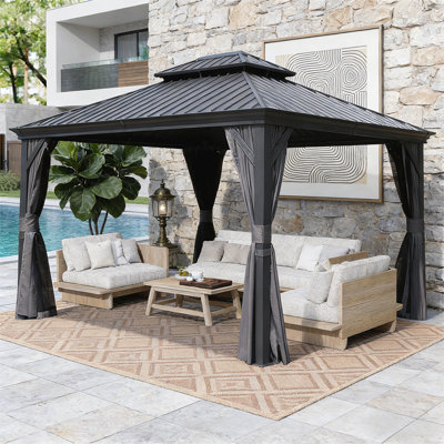 Pavillon de jardin extérieur 10 x 13 pi avec double toit en acier galvanisé, système de drainage efficace, filet et rideaux inclus pour un confort toute l'année