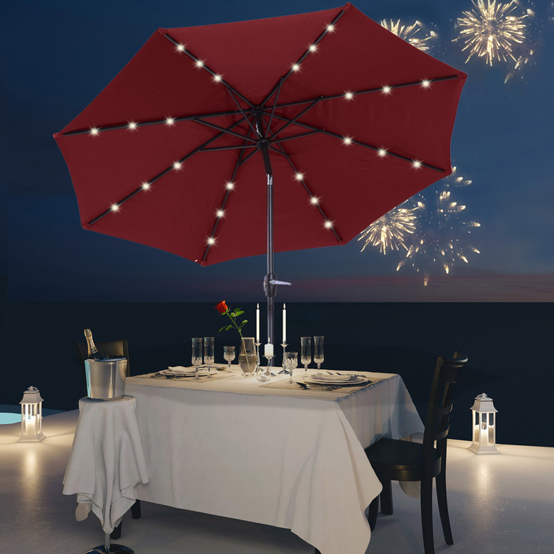 269cm Lighted Tilt Market Parasol, Wine Red, Pulley Lift