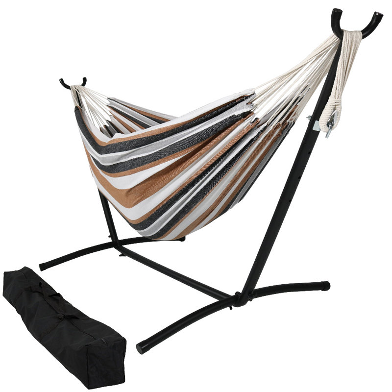 Mira 2-Person Cotton Woven Brazilian Double Hammock with Stand - Calming Desert, Brown/Black/White/Gray