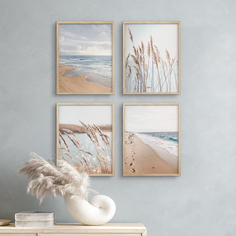 «Beach Grass», reproduction encadrée de 4 vagues océaniques, Encadré naturel, H 14 po x l 11 po x P 1 po