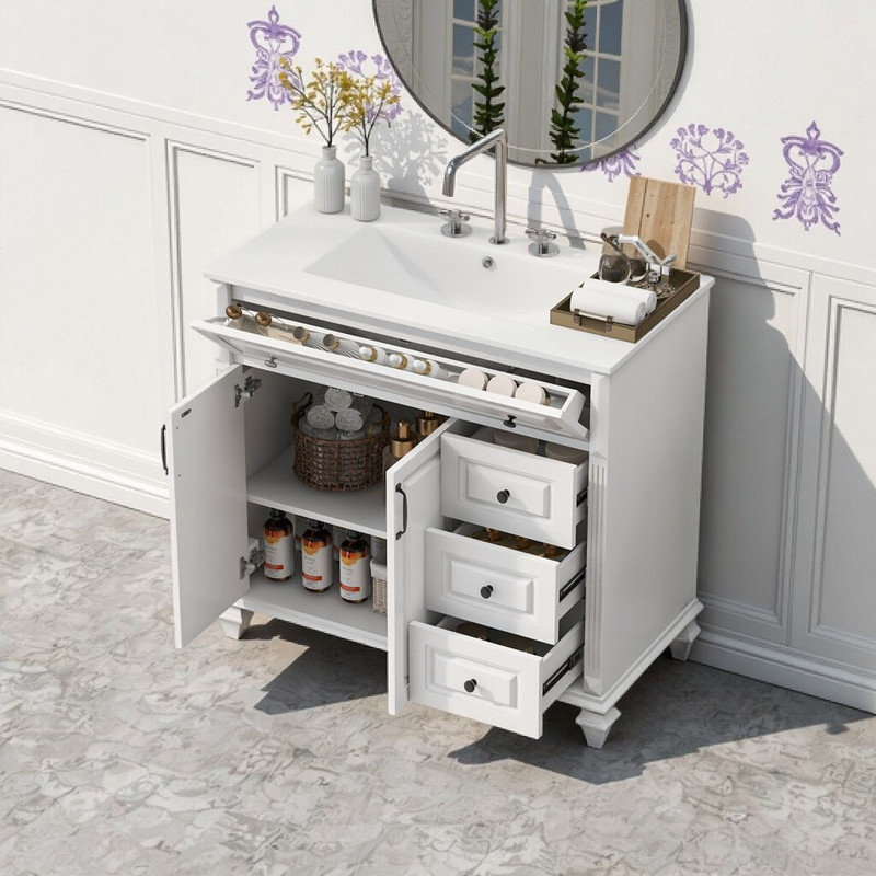 Meuble-lavabo de 36 po en bois massif et panneau de fibres à densité moyenne avec lavabo, armoire autoportante avec portes et tiroir rabattable