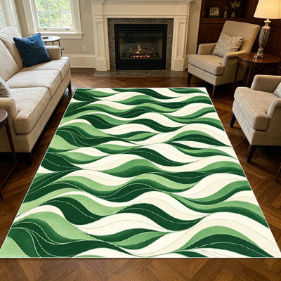 Tapis d'intérieur rayé à motif géométrique ondulé vert 1pc pour le salon, doux, toutes saisons, facile à entretenir, lavable, convient à la table de salle à manger, à la chambre à coucher, au vestibule, à la cuisine, au patio, au bureau personnel, à la maison et à l'extérieur.