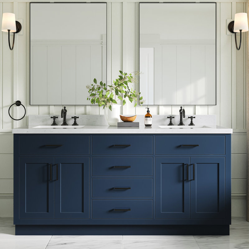 Meuble-lavabo double en bois massif 72 po avec plateau en quartz Carrara de 1,5 po Thornaby, Forme rectangulaire, Bleu minuit