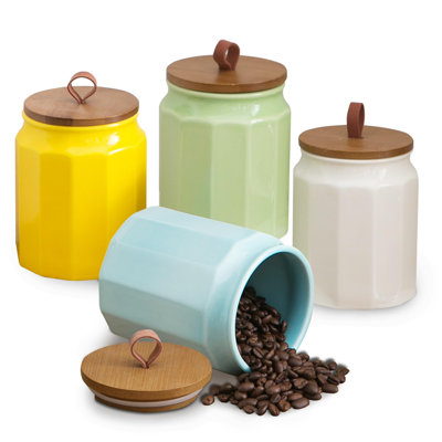 Canister Sets For Kitchen, Set Of 4 Ceramic Kitchen Canisters For Countertop With Airtight Wood Lids, Large Flour And Sugar Containers