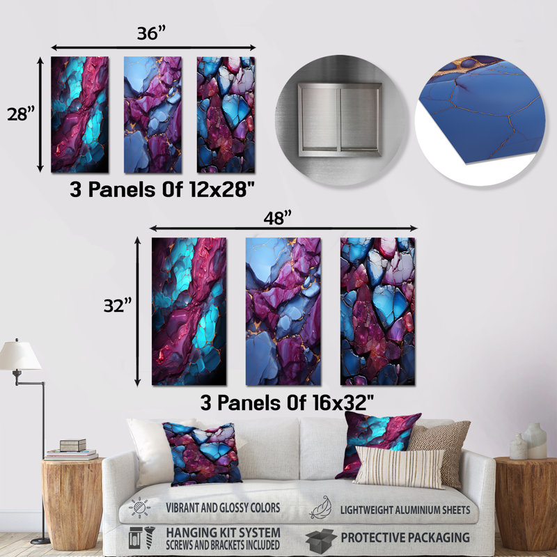 Volcan de marbre bleu et mauve sans soudure I - formes abstraites modernes en métal, ensemble de 3, H 32 po x l 48 po