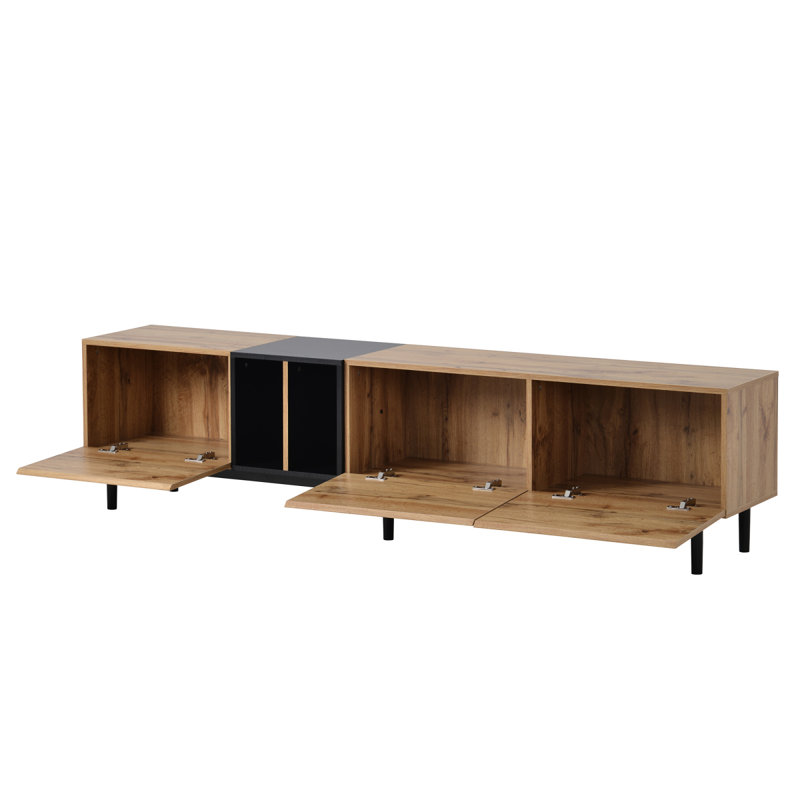 Meuble télé moderne pour téléviseur de 80 pouces avec 3 portes de salon, Bois naturel