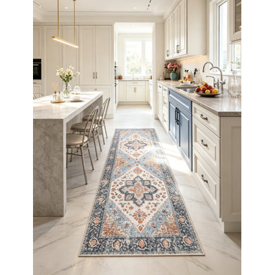 Blue Orange Boho 3x7 Hallway Runner Non-Slip Washable