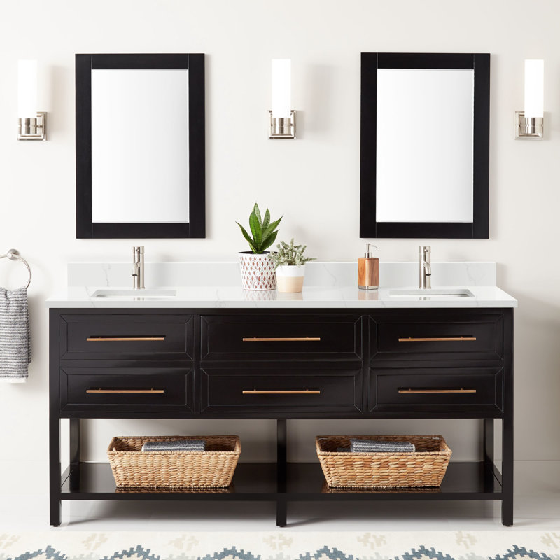 72" Robertson Double Bathroom Vanity Set with Rectangular Undermount Sinks, Feathered White Quartz, Single-Hole Centered
