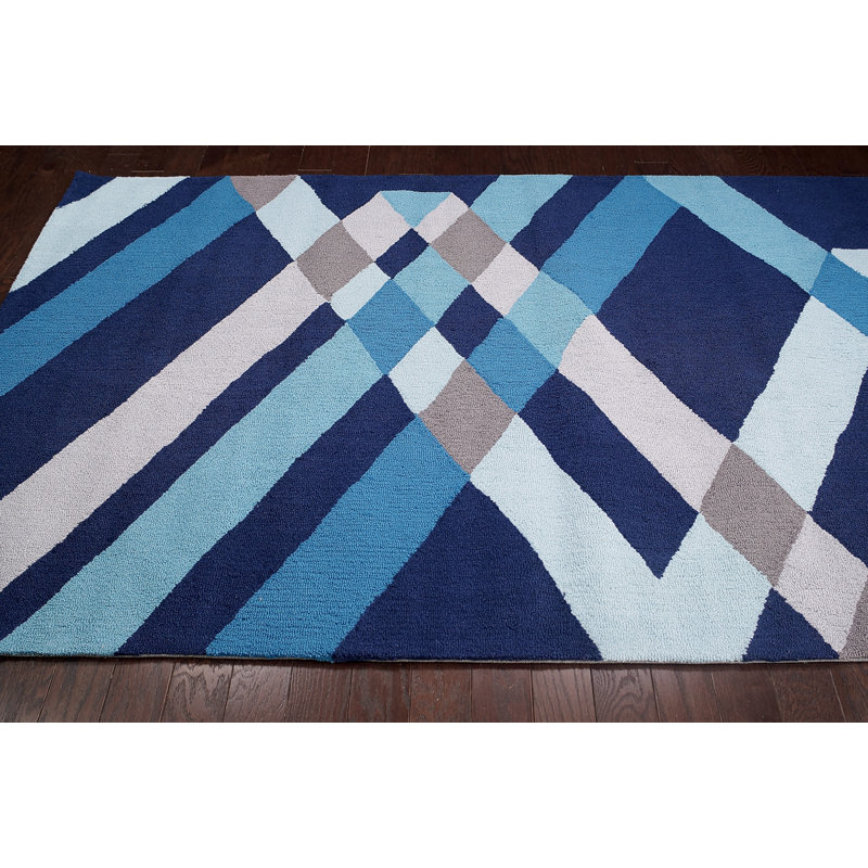 Tapis de zone bleu crocheté à la main Lakefield, Rectangle 8 pi 6 po x 11 pi 6 po
