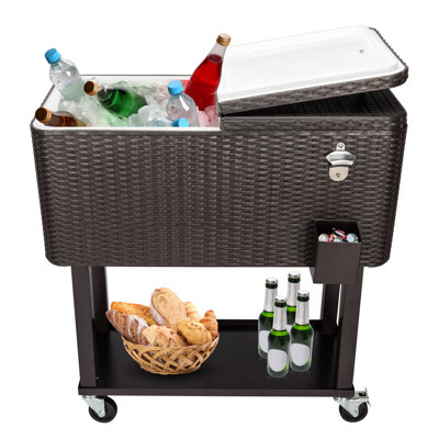 80 Quart Rolling Insulated Cooler Cart With Lockable Casters, Built-In Bottle Opener & Drain Plug, Dual Hot & Cold Retention Outdoor Beverage Cooler With Bottom Storage Shelf