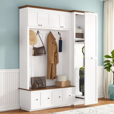 78.7" H 5-in-1 Hall Tree with Storage Bench – Farmhouse Entryway Coat Rack with Cabinets, 4 Drawers & Hooks – Extra-Large Side Storage for Brooms/Vacuum – White & Wood-Grain for Hallway, Mudroom, Living Room – Anti-Tip