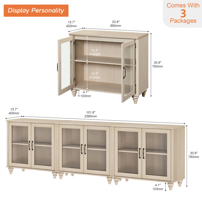 Buffet 3 en 1, armoire d'appoint avec armoire de rangement et porte vitrée, console pour la cuisine, la salle à manger et le salon, 101,6 po