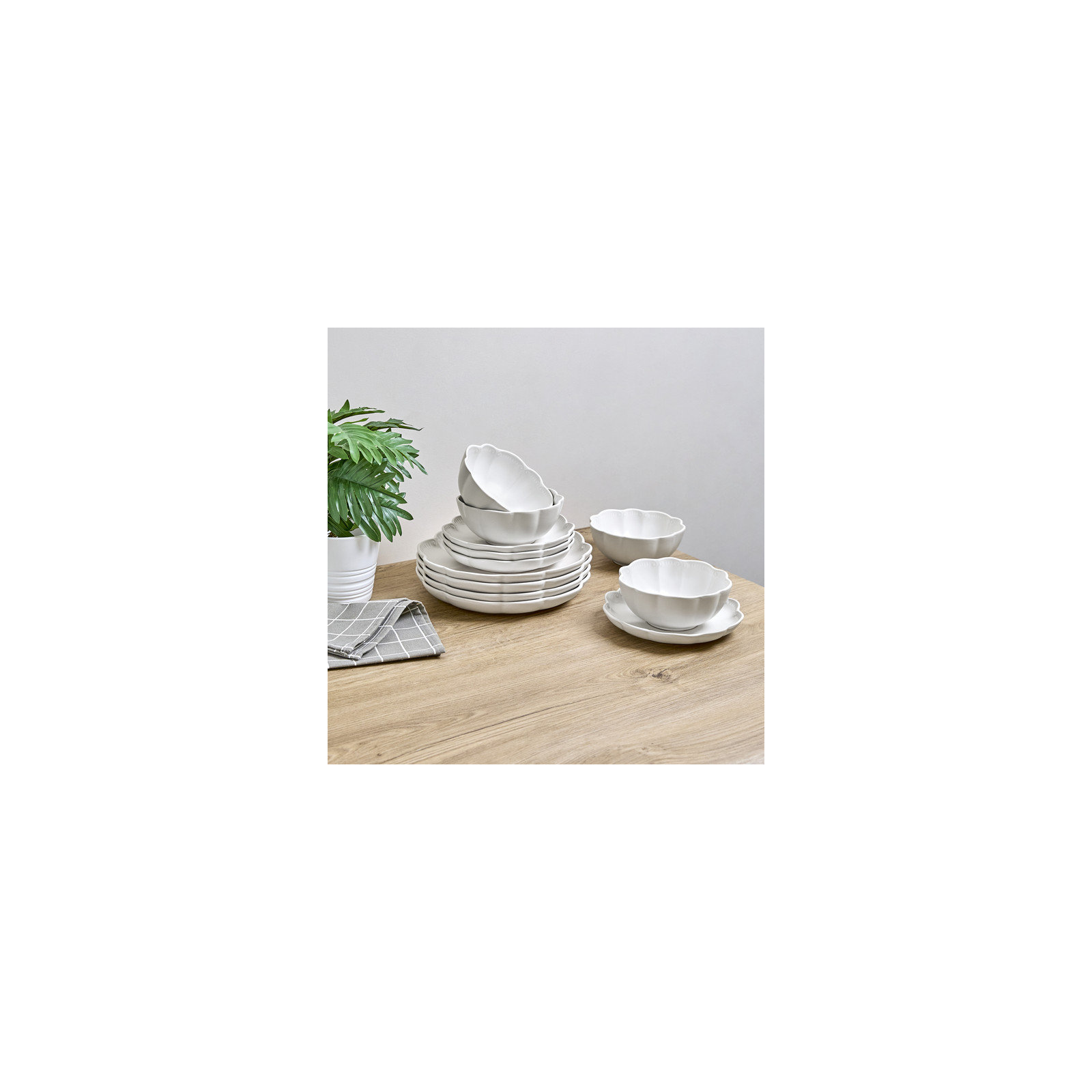 Sango Bethany 12-Piece Stoneware Dinnerware Set – Service for 4, Scalloped Plate & Bowl Set, White