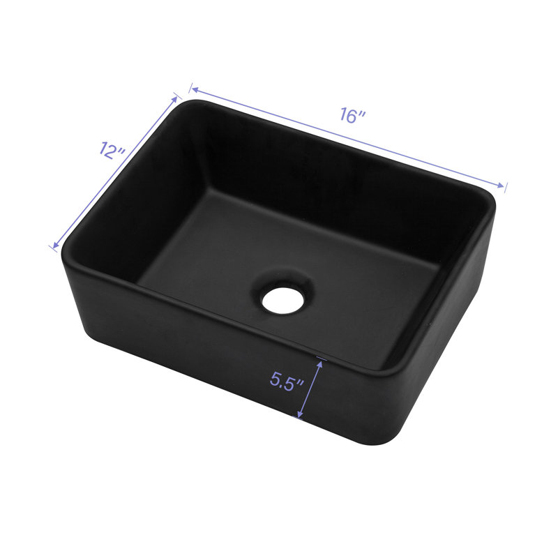 16"X12" Black Ceramic Rectangular Vessel Bathroom Sink, Matte Black