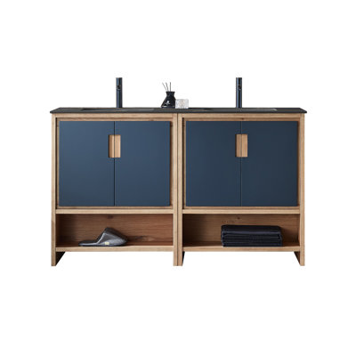 Tomesia 60” Black Of Night/maple Modern Freestanding Bathroom Vanity (black Countertop)