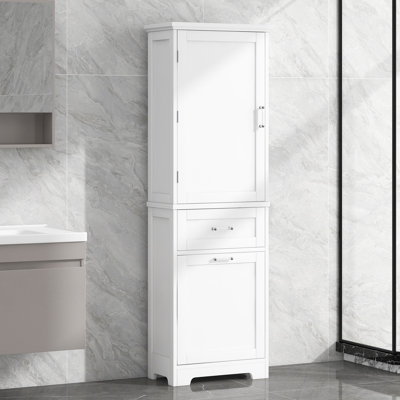 Grande armoire de rangement pour salle de bain, armoire de rangement autoportante avec deux tiroirs de tailles différentes et tablette réglable, panneau de fibres à densité moyenne avec finition peinte