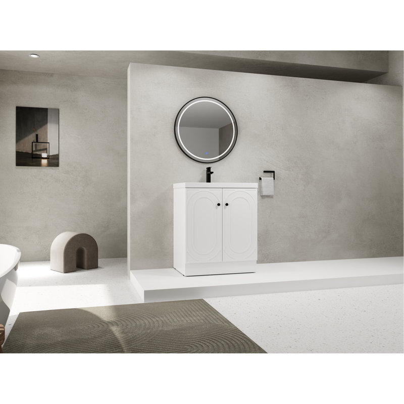 Meuble-lavabo blanc en résine 30 po avec charnières à fermeture en douceur - Aspect autoportant et 2 portes d'armoire de style moderne pour le rangement