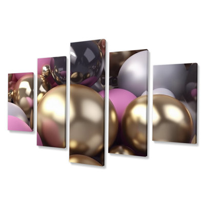 Gold Silver And Pink Glam Pearls - Abstract Canvas Art Print - 5 Panels