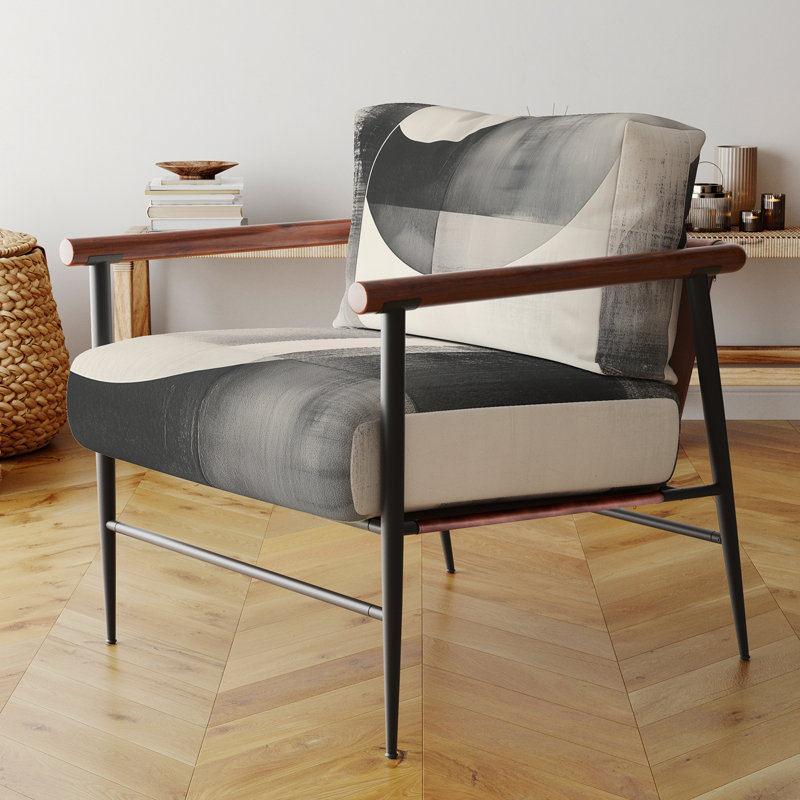 Chaise d'appoint à formes abstraites - Fauteuil géométrique noir et blanc Minimal Curves II, Brown Round Arms