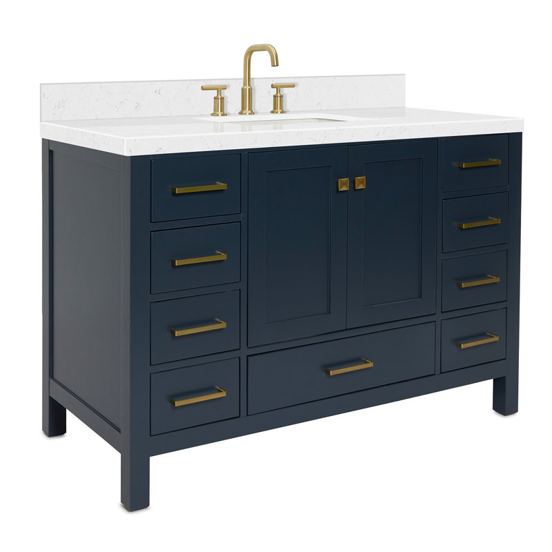 Cambridge 48.25'' Single Bathroom Vanity with Carrara Quartz Top, Midnight Blue, Rectangular
