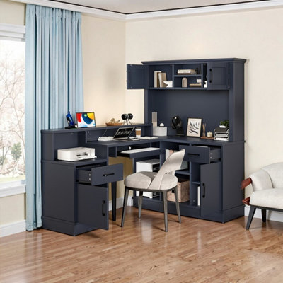 Bureau d'ordinateur en L avec tiroirs de sortie intégrés et bibliothèque de bureau