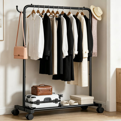 Portant à vêtements sur roulettes de 52 po de hauteur - capacité de 120 lb, crochets latéraux et barres à double base, porte-manteau de chambre à coucher, organisateur de vestibule, rangement pour appartement, outils inclus
