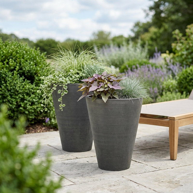 Ensemble de 2 pots à fleurs ronds effilés Bayley, Gris anthracite
