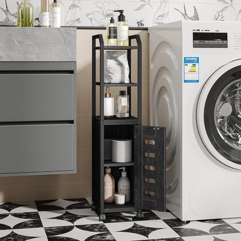 Black Compact Bathroom Storage Cabinet with Adjustable Shelf and Wheels